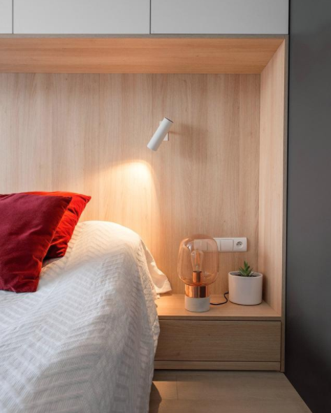 臥室設計說明圖：裝修，臥室床頭柜設計，燈光搭配有氛圍感