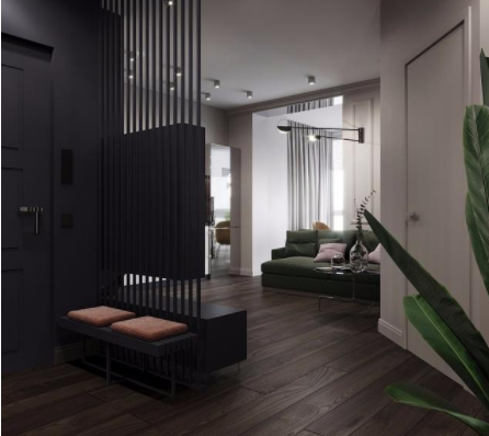 客廳電視墻裝修：玄關(guān)木格柵兼做電視墻，臥室墻體斜砌更通暢